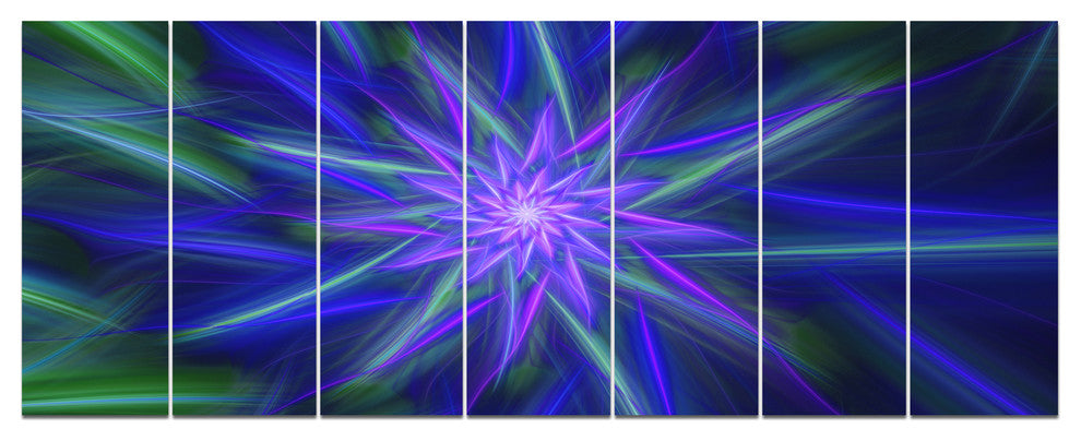 Shining Blue Exotic Fractal Flower, Floral Canvas Art Print, 83"x32", 7 Panels