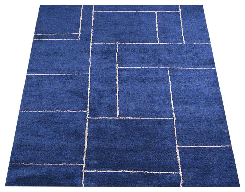HAND KNOTTED LOOM SILK ECO-FRIENDLY AREA RUGS-5'x8',Rectangle,Navy,Geometric