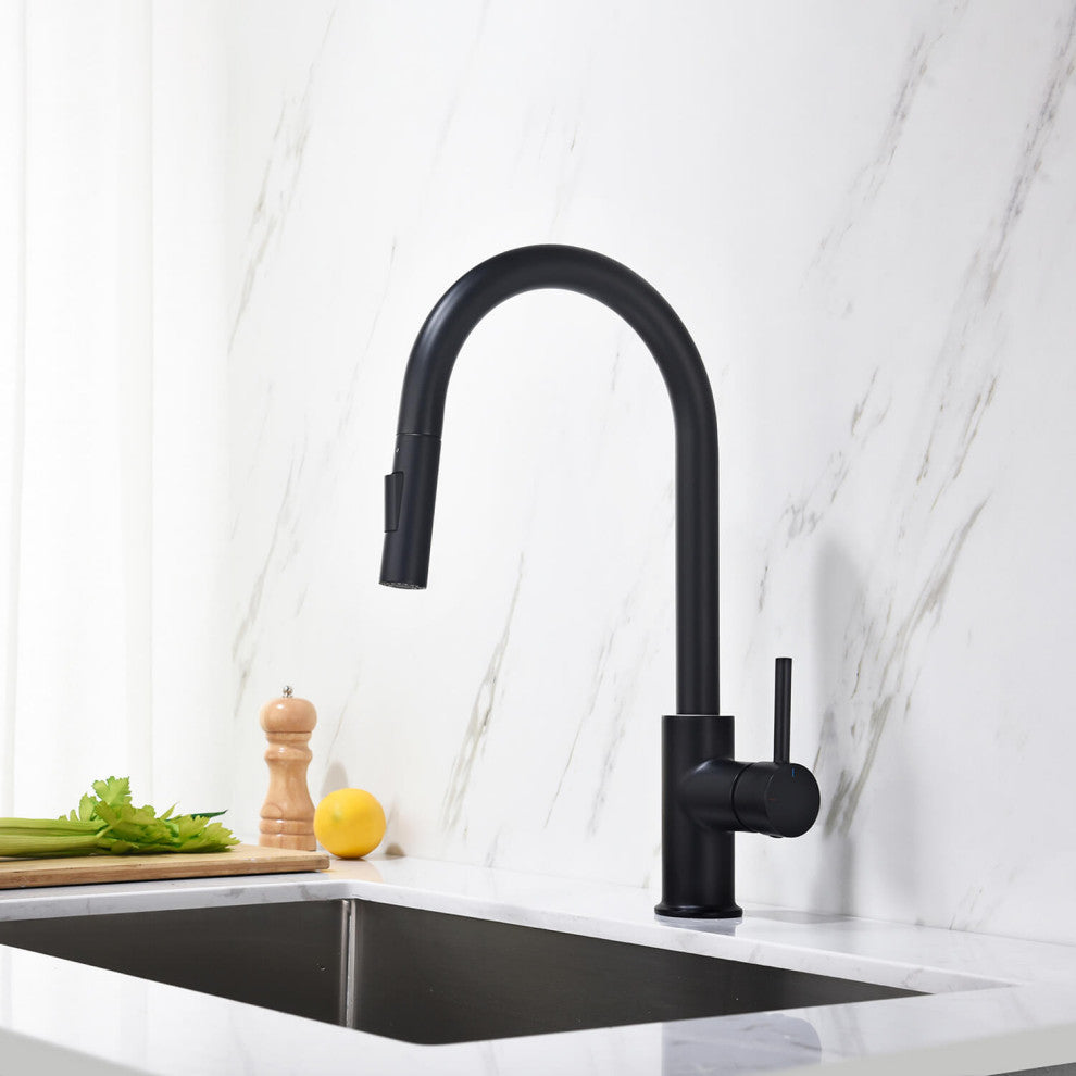 Circular Single Handle Pull Down Kitchen Faucet, Matte Black