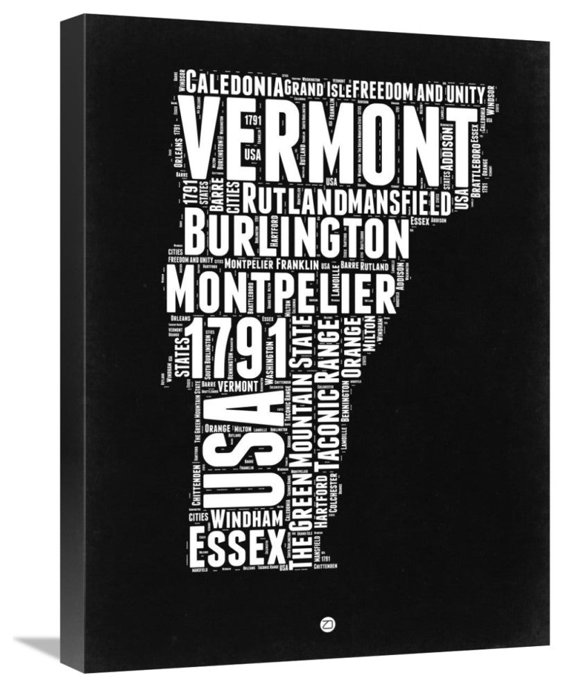 "Vermont Black and White Map" Fine Art Print