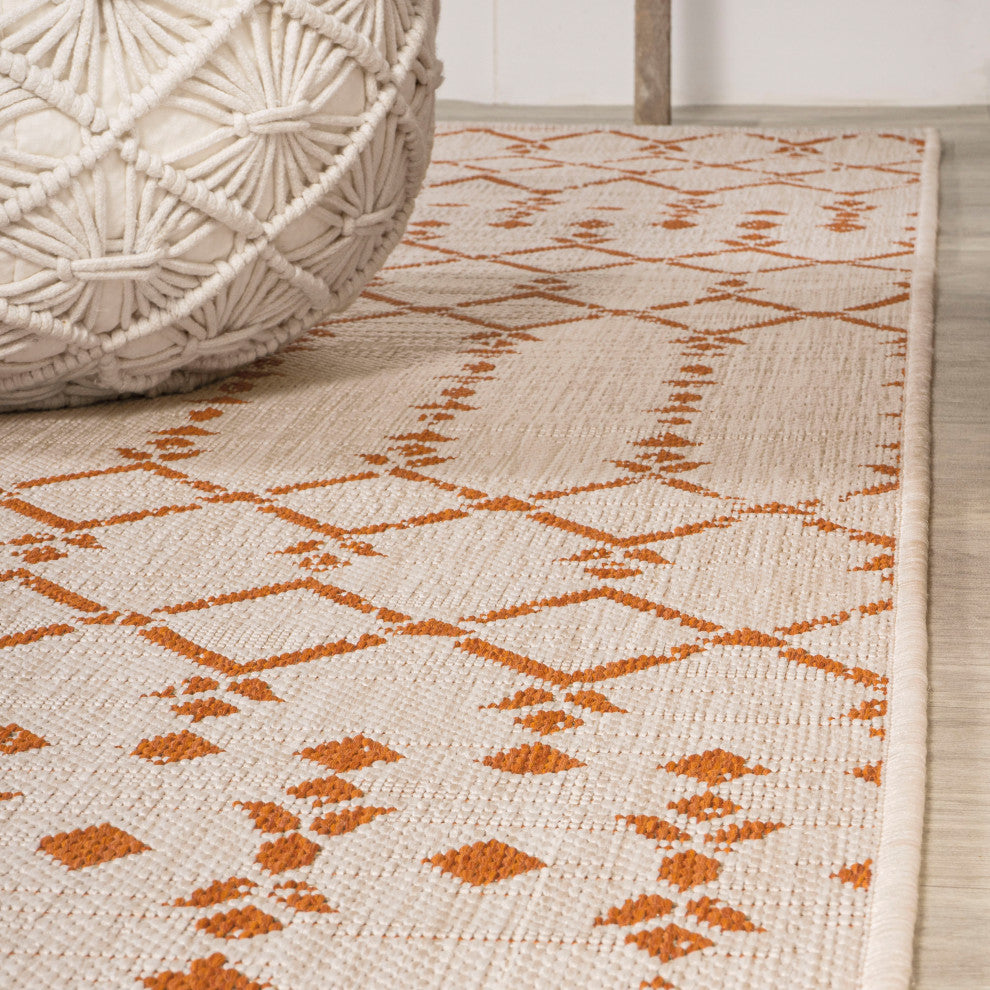 Ourika Moroccan Geometric Indoor/Outdoor Rug, Cream/Orange, 2x10