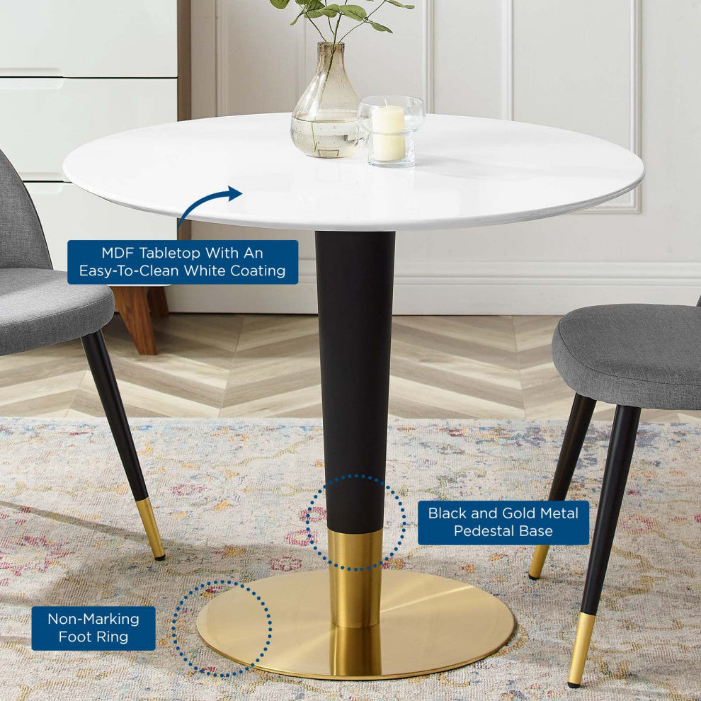 Dining Table, Round, Wood, Metal, Gold White, Modern, Cafe Bistro Restaurant