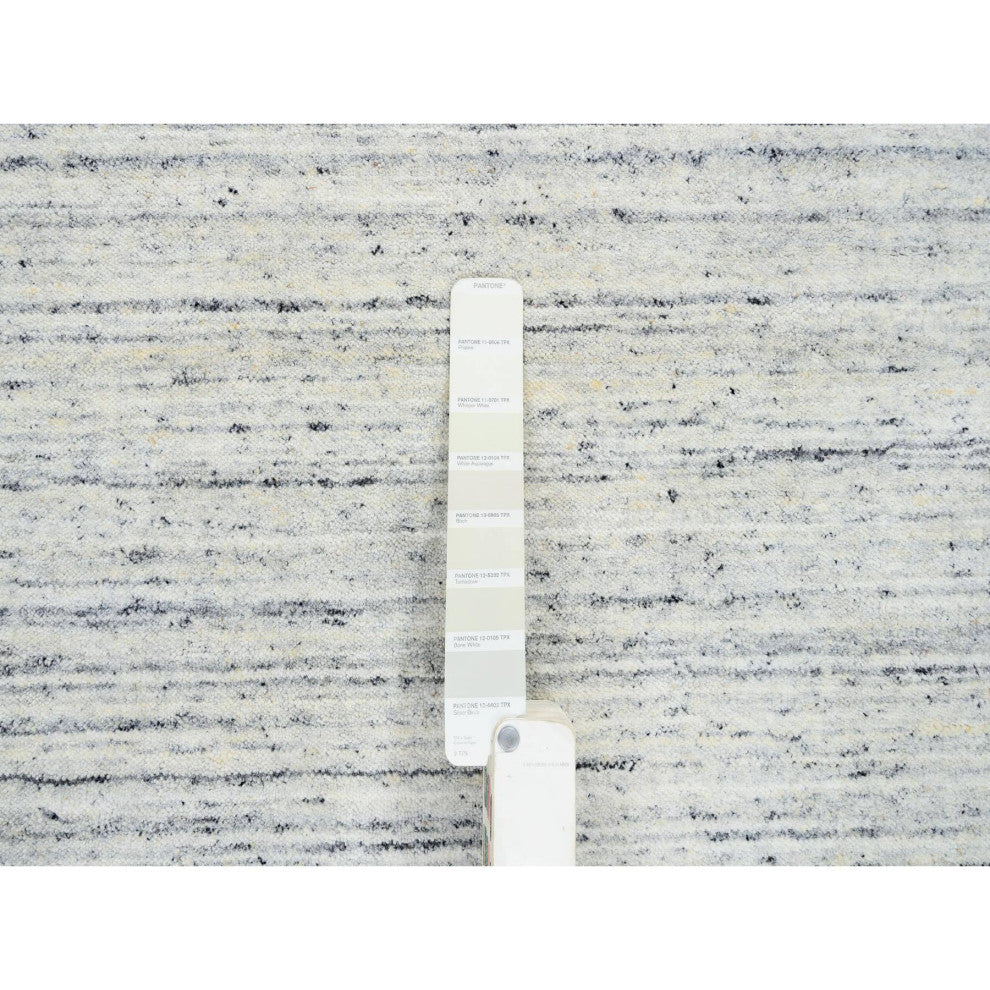 Ivory Pure Wool Hand Loomed Plain Modern Striped Design Round Rug, 7'10"x7'10"