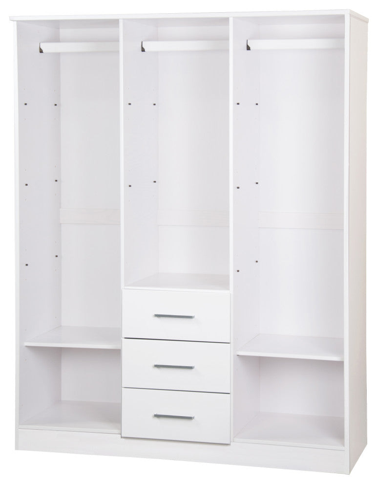 100% Solid Wood Cosmo 3-Door Wardrobe/Armoire, 2 Shelves, White-Raised Panel