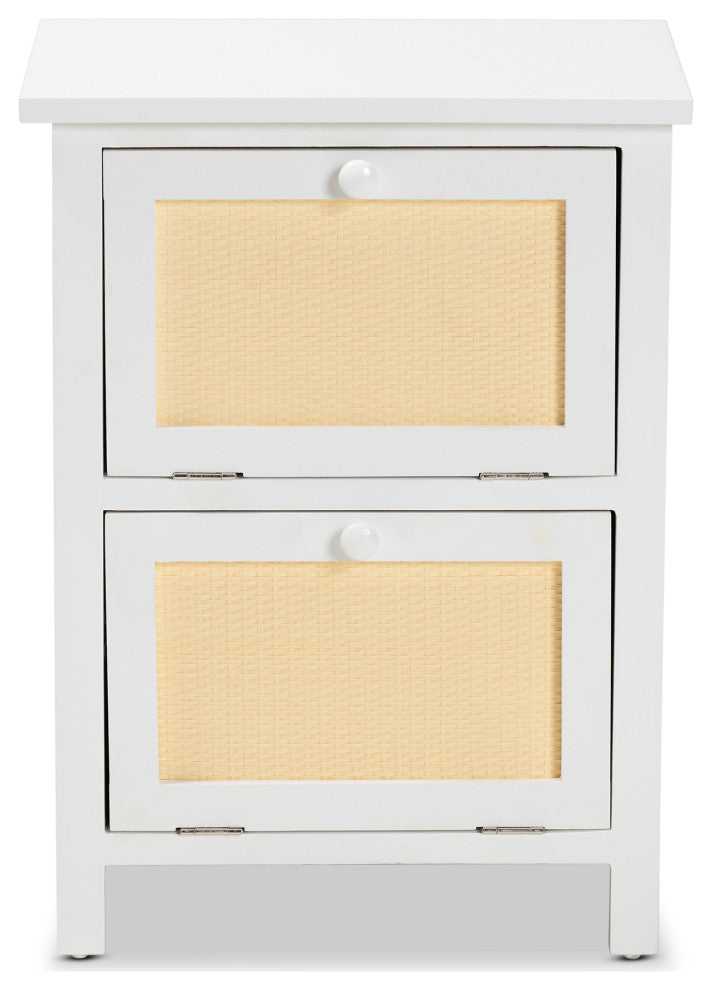 Lucero Mid-Century White Finished Wood and Rattan 2-Door Nightstand