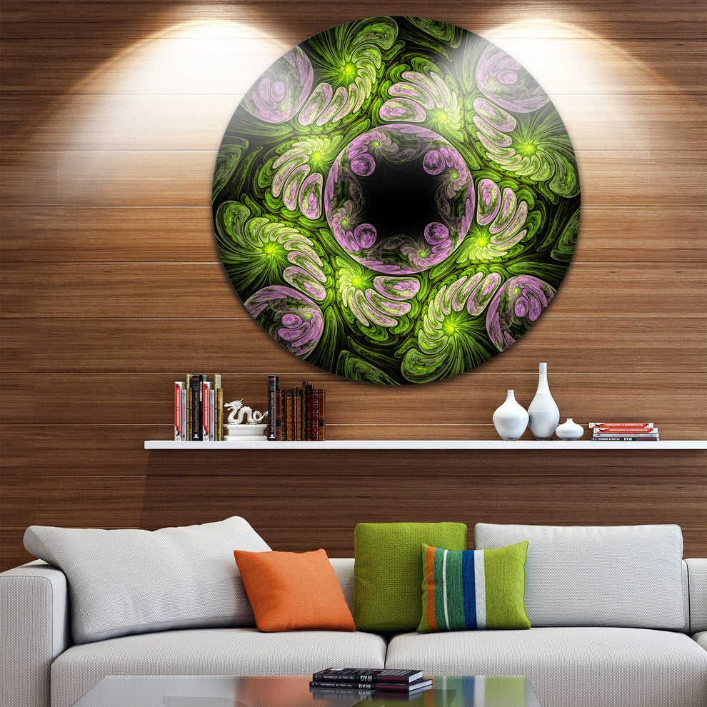 Green And Purple Fractal Flower, Floral Disc Metal Wall Art, 11"