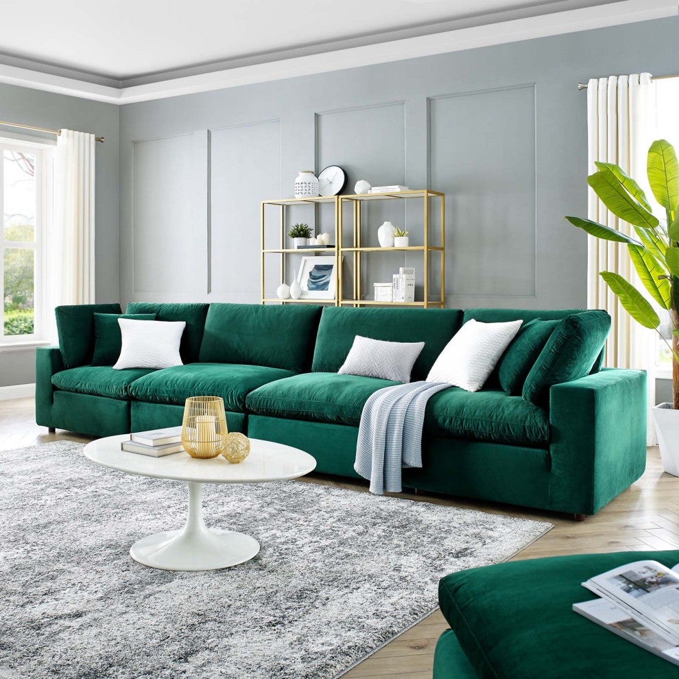 Commix Down Filled Overstuffed Performance Velvet 4-Seater Sofa Green