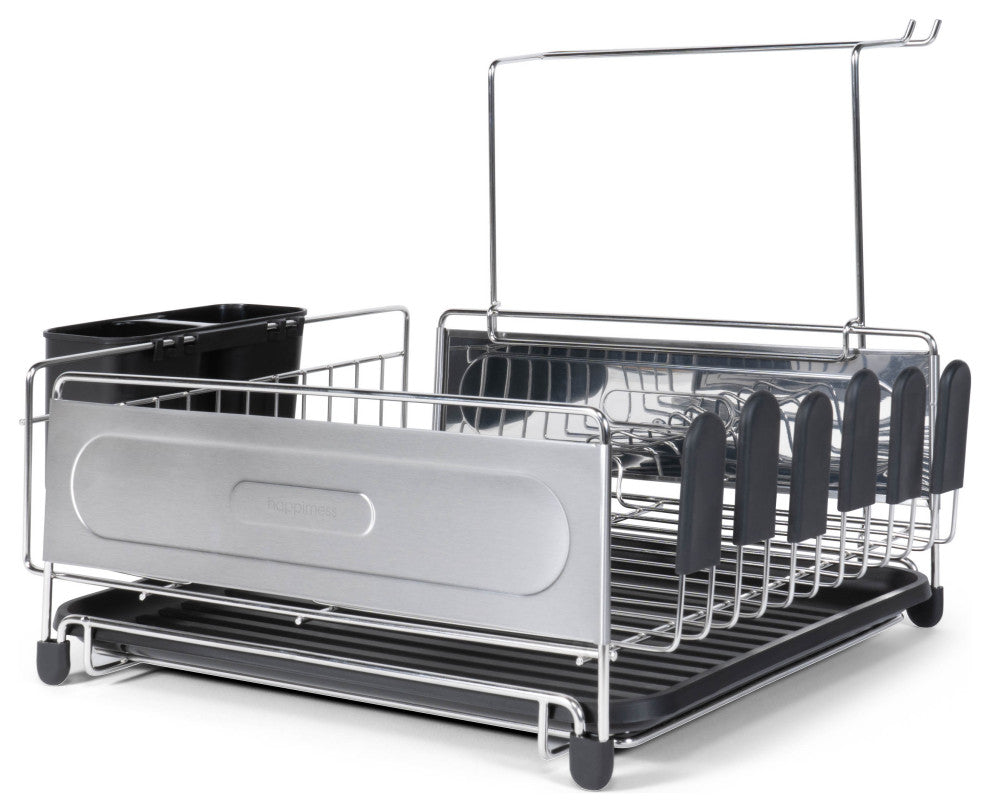Compact 17.25" Stainless Steel Dish Rack With Wine Glass Holder, Steel/Black