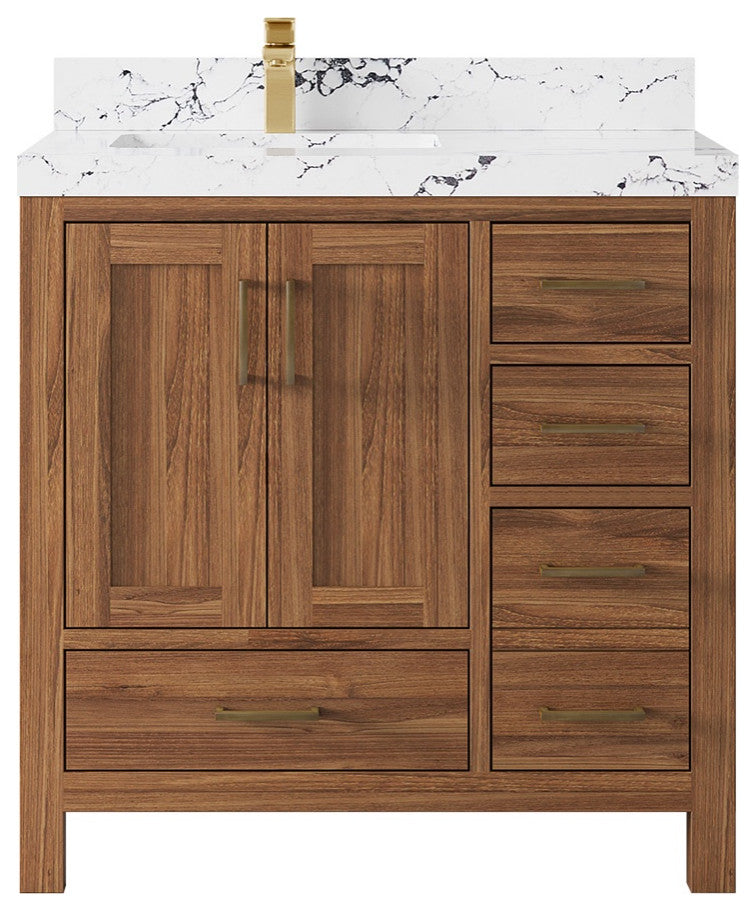 Malibu Teak 36" Left Offset Bath Vanity in Dark Natural  2" Viola Night