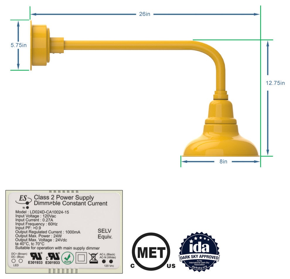 8in.  Yellow Gooseneck Barn Light with Traditional Arm