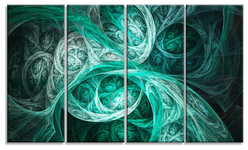 Mystic Turquoise Fractal, Abstract Wall Art Canvas, 48"x28", 4 Panels