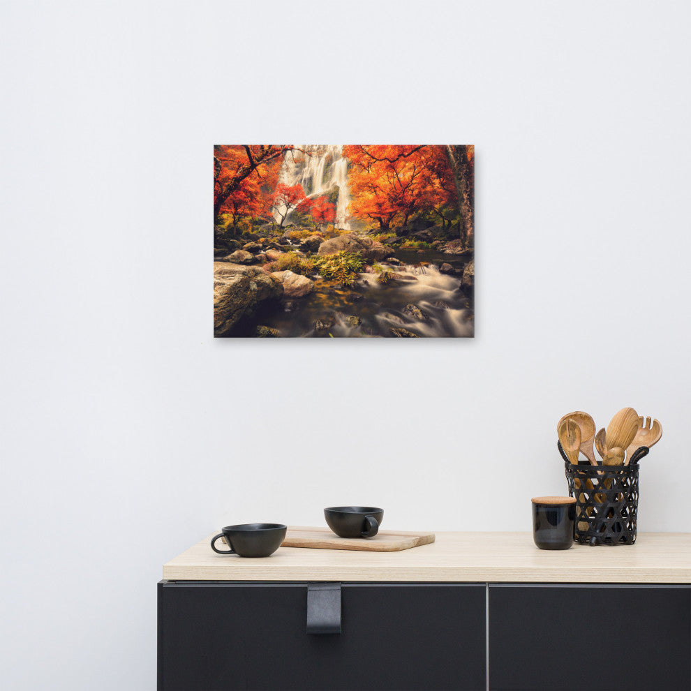 Waterfall in the Autumn Golden Shadow Effect Landscape Photo Canvas Art Print, 18" X 24"