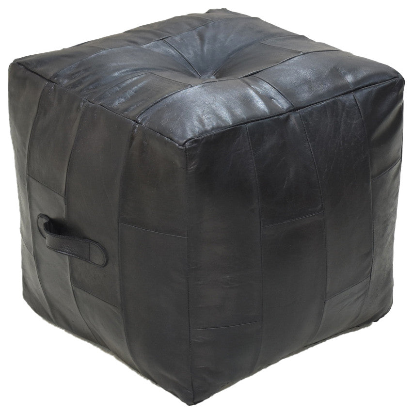 Geometric Handmade Leather Pouf (Recycled Foam with Fibre Fill) Black, [Square}16x16x16