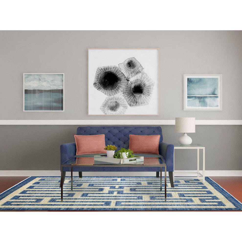 Soft and Pliable Wool Hand Knotted Denim Blue Maze Design Rug, 5'10" x 8'9"