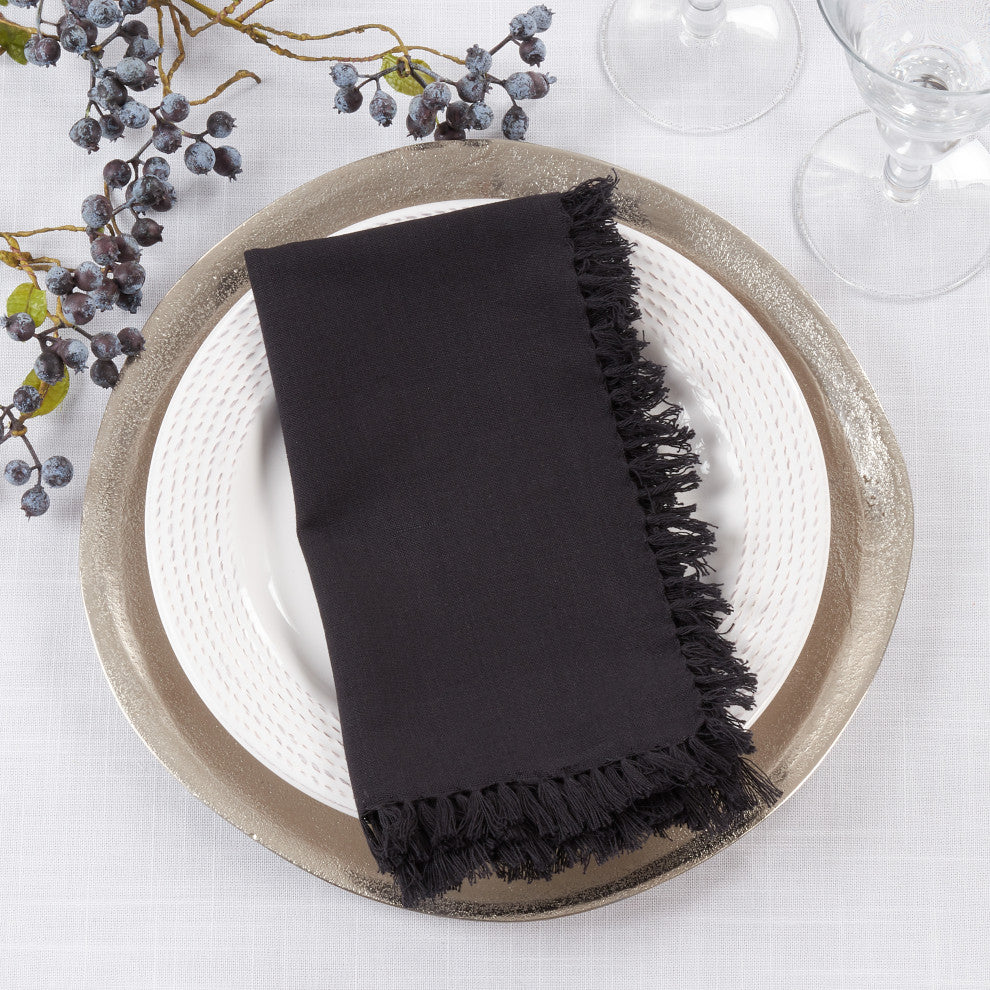 Table Napkins With Fringed Design (Set of 4), Black, 20"x20"