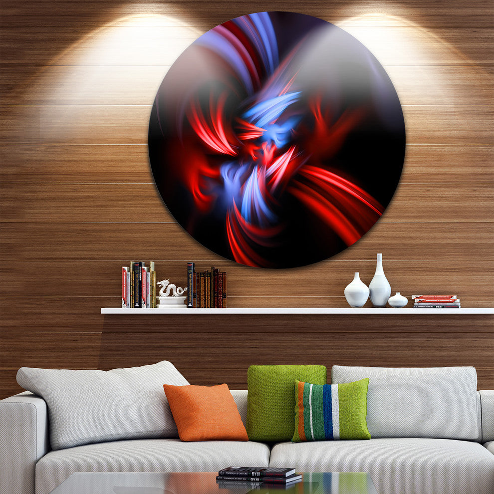 Fractal Red Connected Stripes, Abstract Art Disc Metal Artwork, 11"