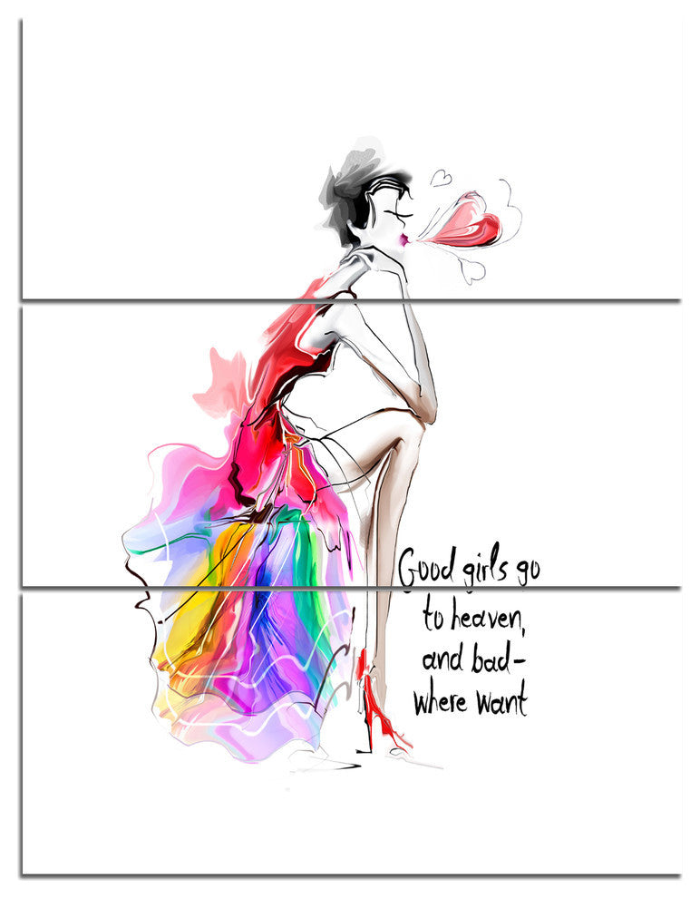 "Pretty Fashion Girl Pink" Digital Metal Wall Art, 3 Panels, 28"x36"