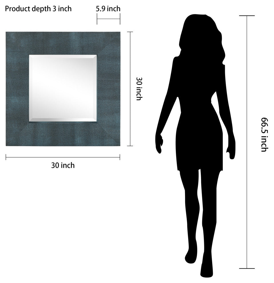 Beveled Wall Mirror, Black on Blue Metallic Shagreen Leather Framed Mirror