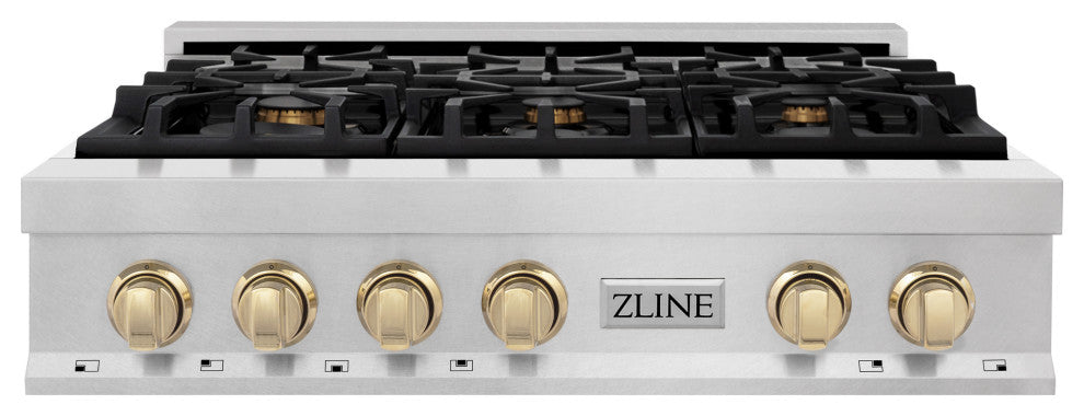 ZLINE 36" Rangetop, DuraSnow Stainless Steel With Gold Accents, RTSZ-36-G