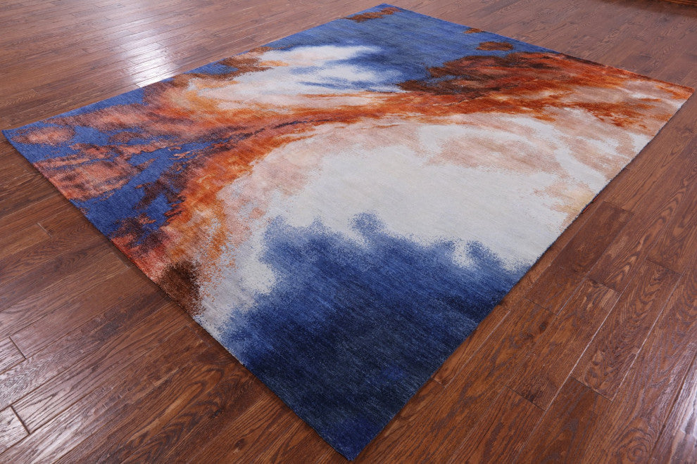 7' 11" X 9' 11" Abstract Hand Knotted Wool and Silk Rug Q9050
