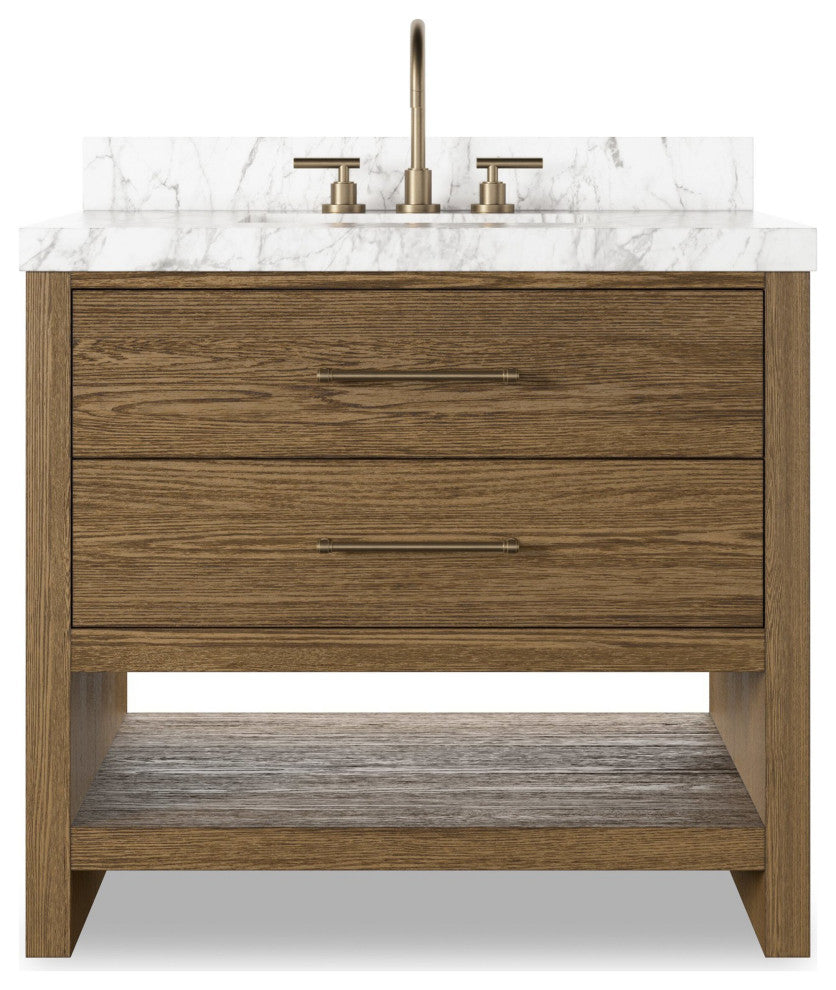 Anthem Single Vanity 36", Carrara Marble, Washed Natural, Brushed Brass