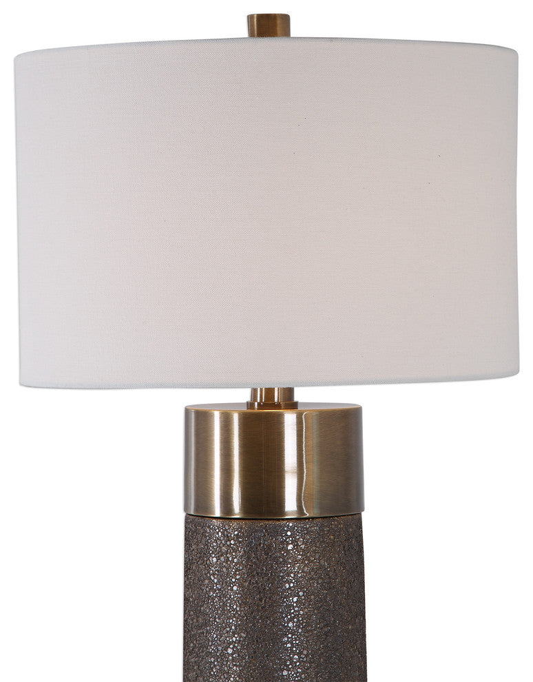 Textured Metallic Gold Bronze Cylinder Table Lamp | Ceramic Mid Century White