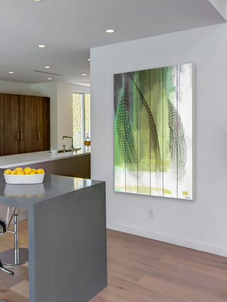 "Emerald Feathers" Print on White Wood, 30"x45"