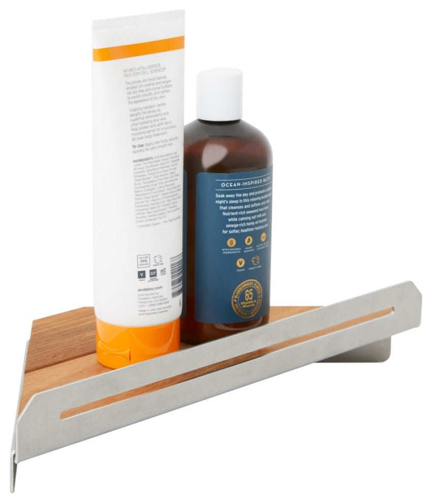 Floating Corner Shower Shelf With Natural Teak Wood, Satin