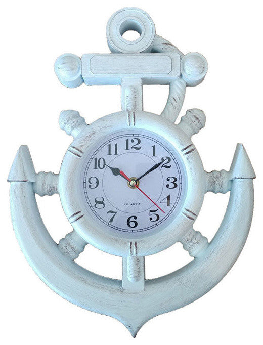 Whitewashed Ship Wheel and Anchor Wall Clock 15"