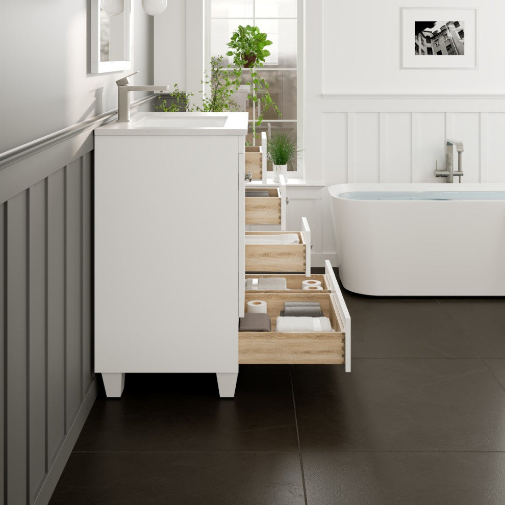 Eviva Happy 30"W White Bathroom Vanity with White Carrara Quartz Countertop