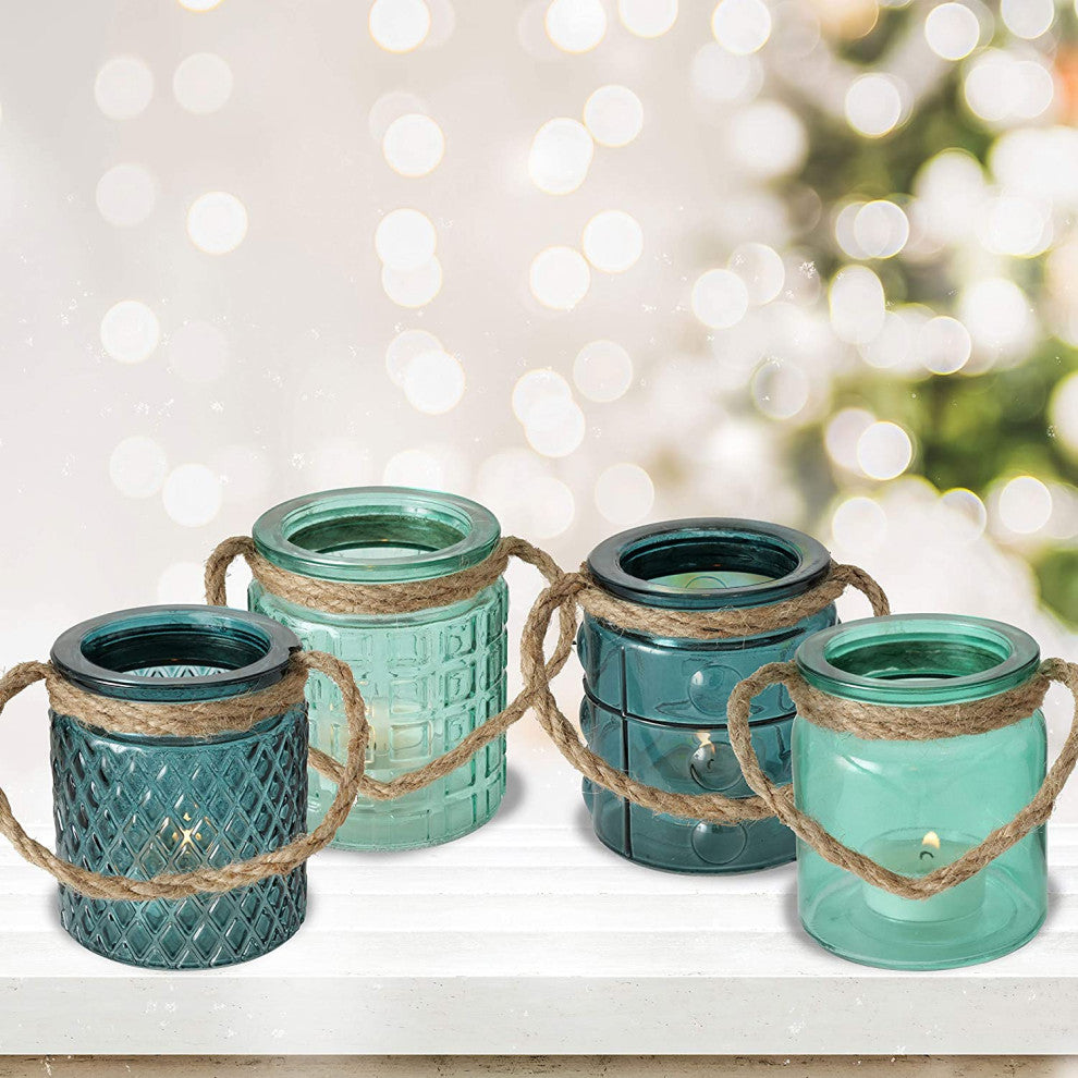 4 Piece Beach Chic Rope Wrapped Hurricanes, 3.5 Inches