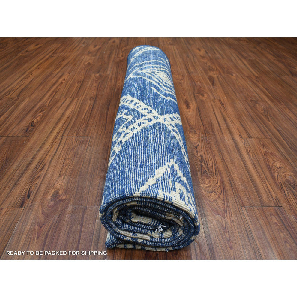 Blue, Hand Knotted, Soft and Shiny Wool, Moroccan Berber Rug, 8'10"x11'5"