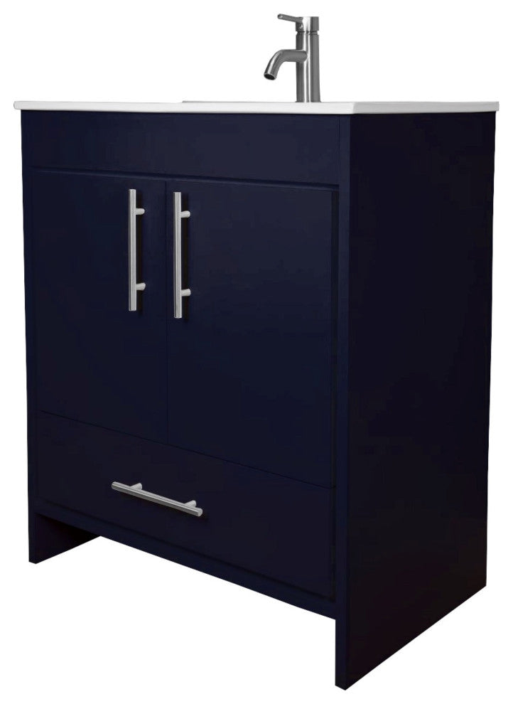 Pacific 30" Vanity With Integrated Ceramic Top and Brushed Nickel Handles, Navy
