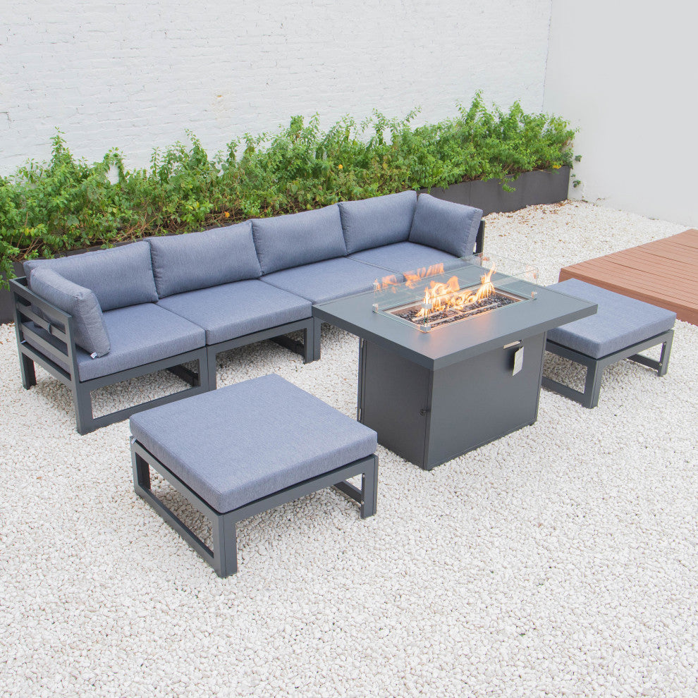 LeisureMod Chelsea 7-Piece Outdoor Sectional With Fire Pit Table, Blue