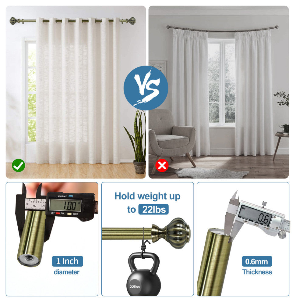 1" Doorknob Drapery Curtain Rod, Antique Brass, 48"-84"