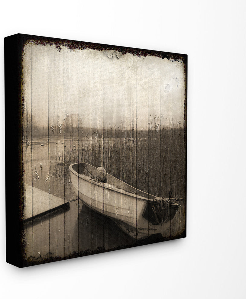 "Stranded Boat Morning Vintage Planked Look" Stretched Canvas Wall Art