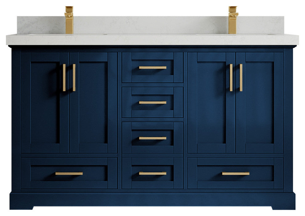 Boston 60 Double Bathroom Vanity in Navy Blue 2" Carrara Quartz