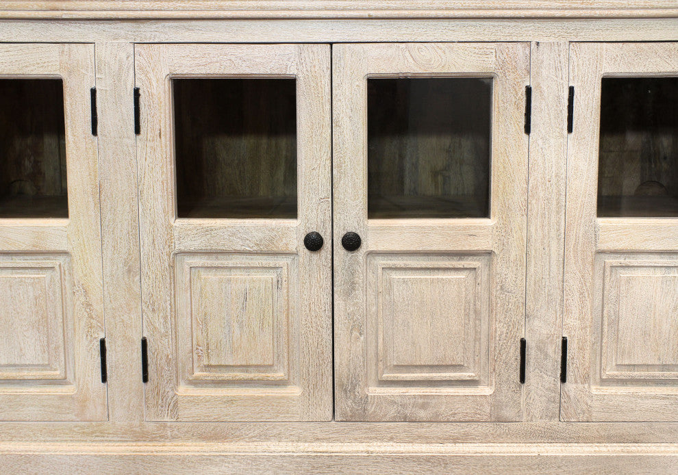 Tropez 8-Door Solid Wood Sideboard With Glass Panels, Distressed White Finish
