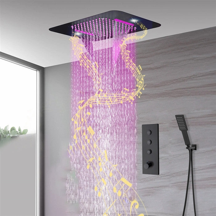 LED Musical 20"x14" Rainfall Shower System, Square Handheld Shower, Matte Black