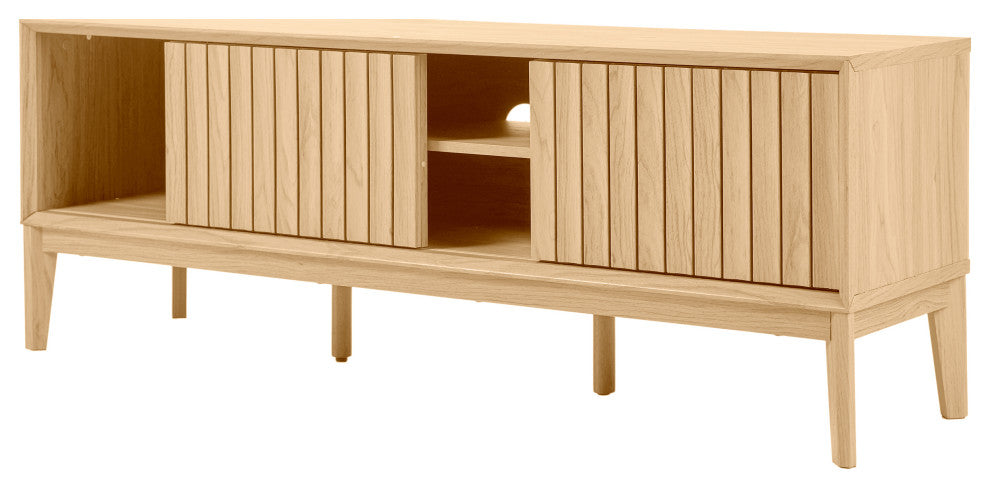 3-Storage Sliding Door TV Stand Fits TVs up to 65 in. with Cable Management, Oak