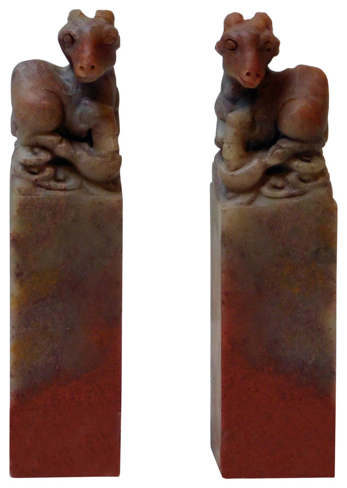 Pair Soap Stone Carved Lucky Zodiac Feng Shui Lamb Bar Statue -  Seal Stamp