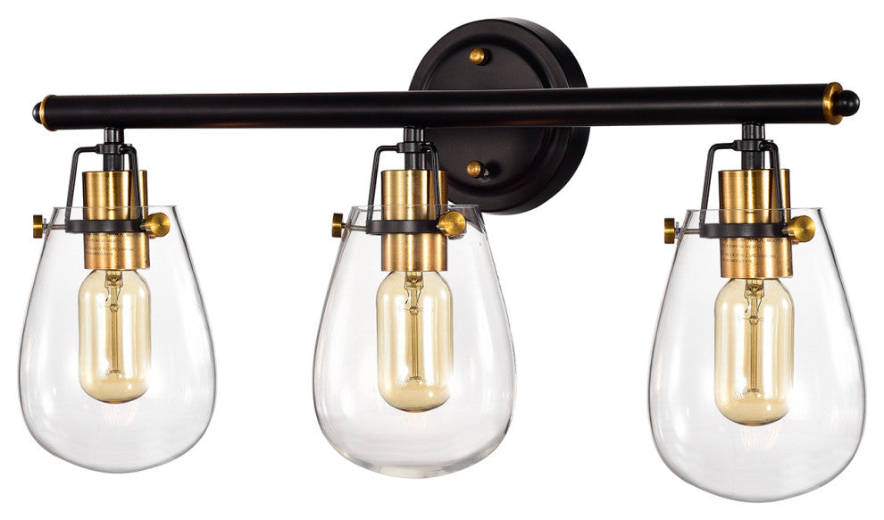 Ontario 3-Light Black and Antique Gold Vanity Light With Glass Shade