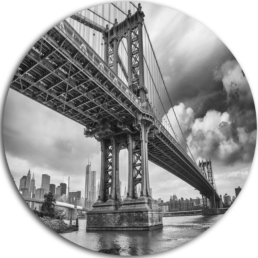 Manhattan Bridge In Gray Shade, Cityscape Photo Disc Metal Artwork, 11"