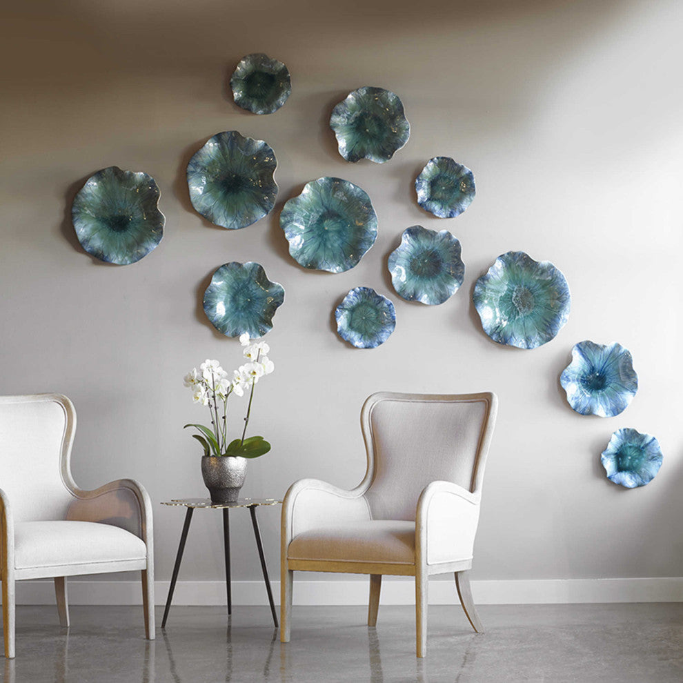 Turquoise Aqua Lily Pad Wall Art, 3-Piece Set, Flower Sculpture Blue Hanging