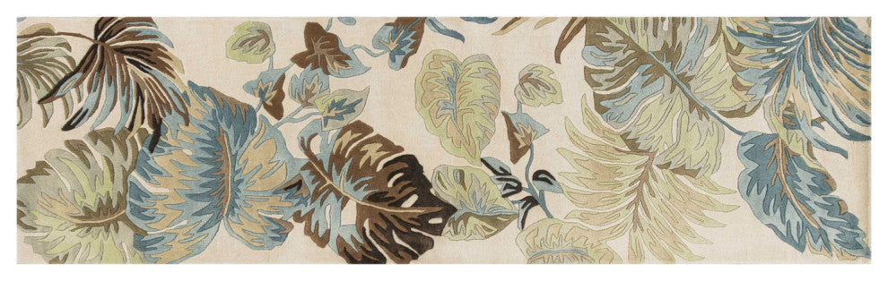 HomeRoots 8' Ivory Blue Hand Tufted Tropical Leaves Indoor Runner Rug