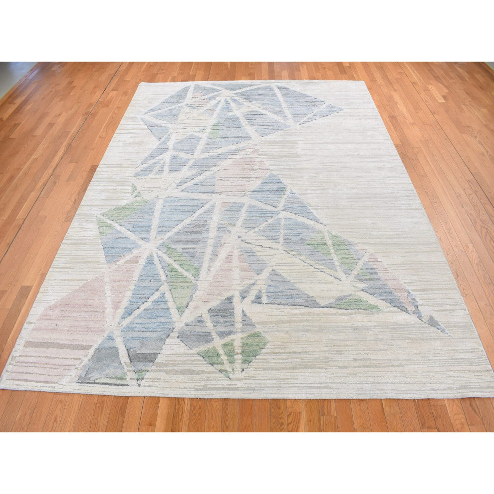 Ivory Modern Abstract Design Pure Silk With Wool Hand Knotted Rug 9'x12'
