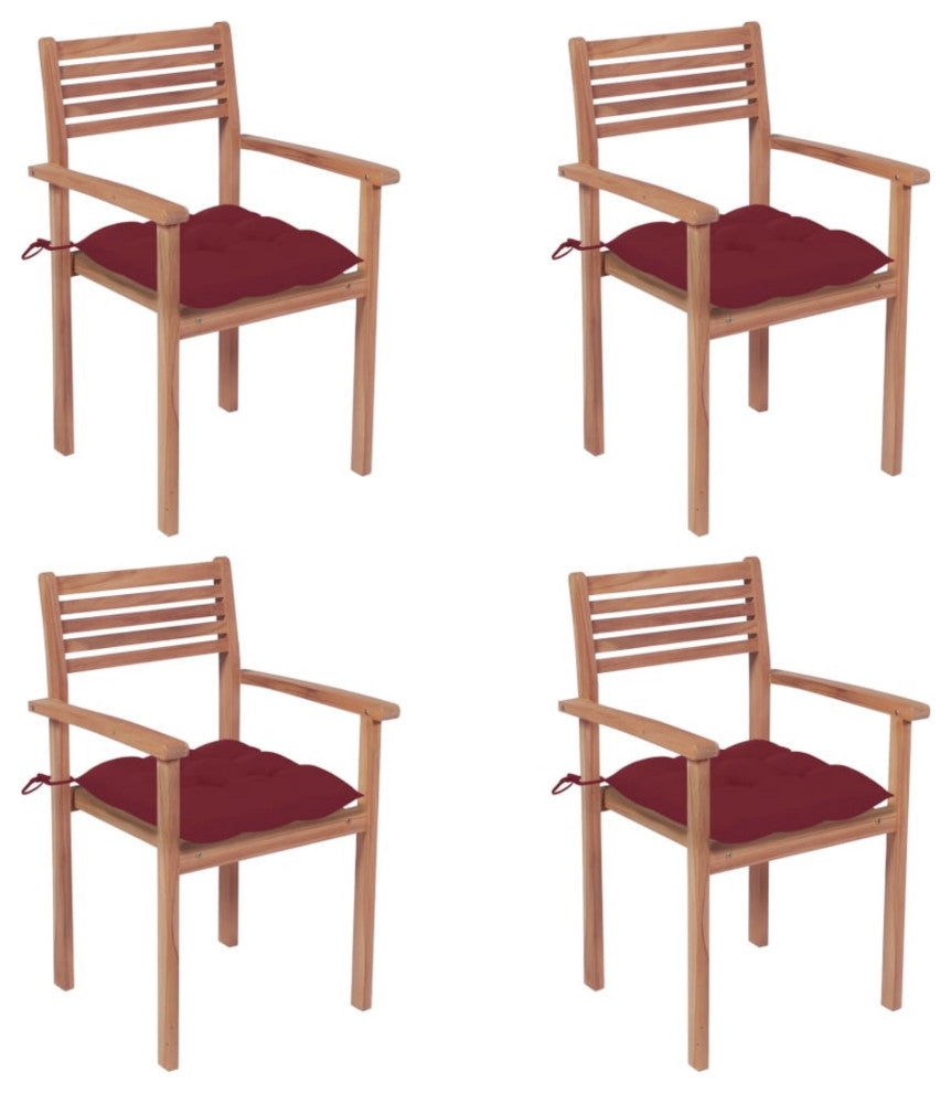 Vidaxl Garden Chairs, Set of 4, With Wine Red Cushions Solid Teak Wood
