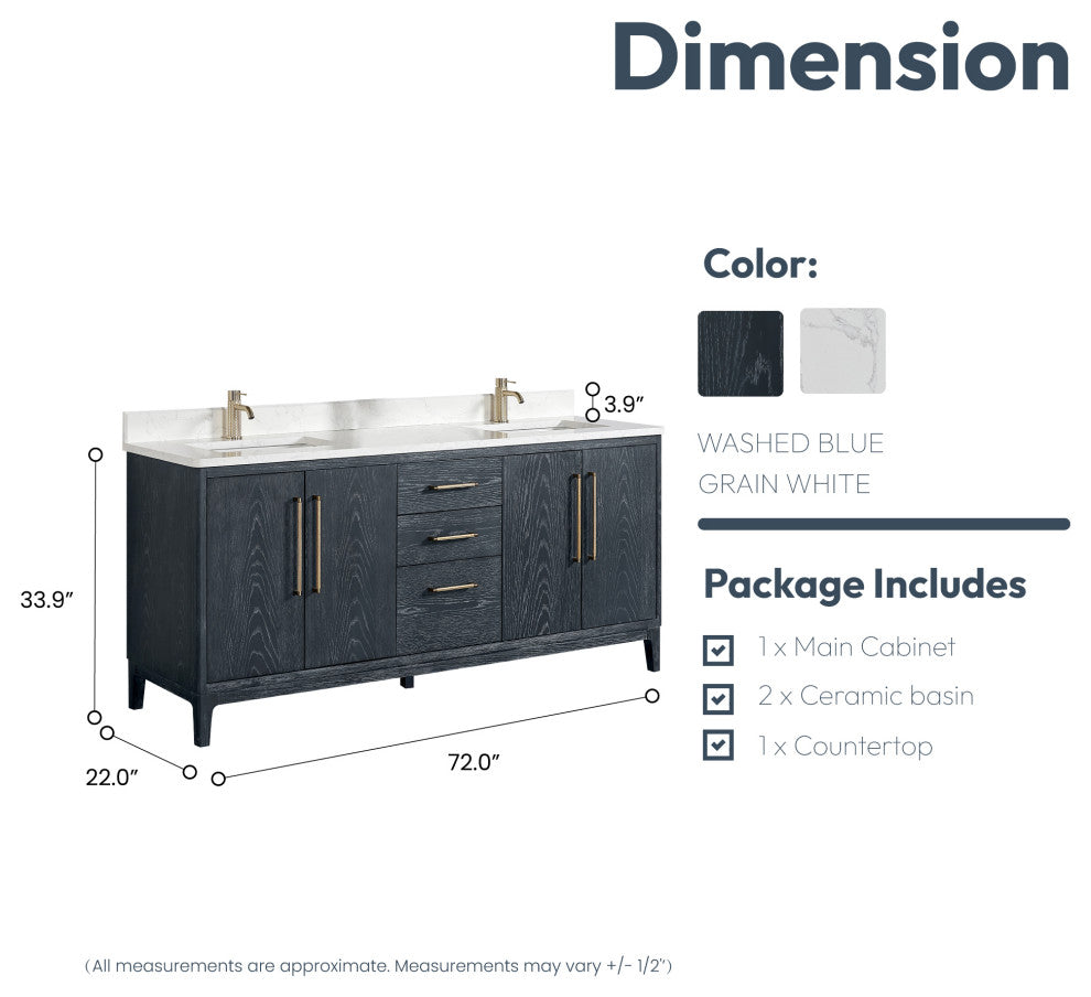 Gara Bath Vanity, Stone Top, Washed Blue, 72", Double Vanity, No Mirror