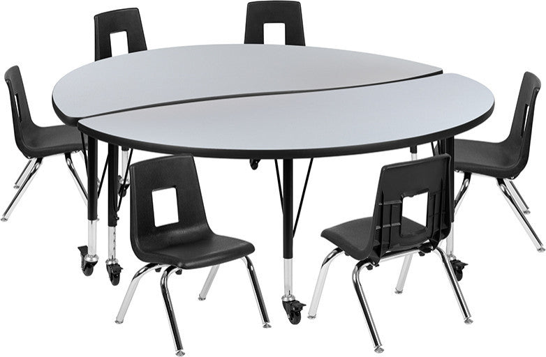 Mobile 60" Circle Wave Activity Table Set with 14" Student Stack Chairs, Grey