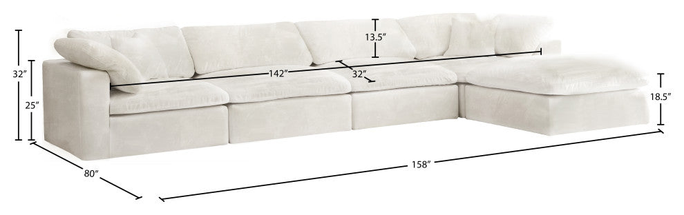 Cozy Velvet Upholstered Comfort L-Shaped Modular Sectional, Cream, 5-Piece: 2 Armless Chair, 2 Corner Chair, 1 Ottoman